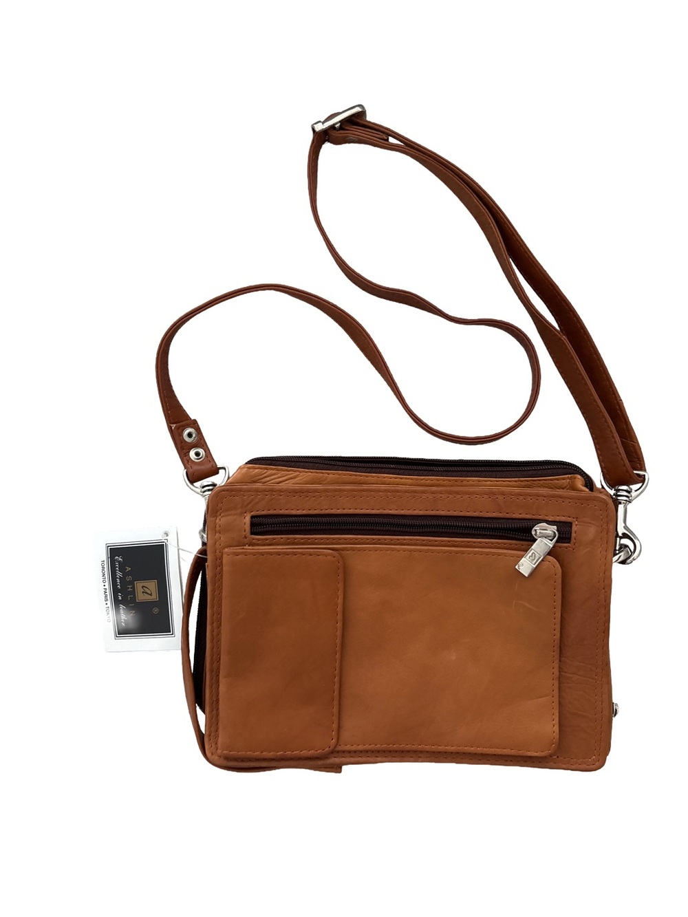 ASHLIN Cognac Leather Unisex Organizer Crossbody Bag Multi-Pocket